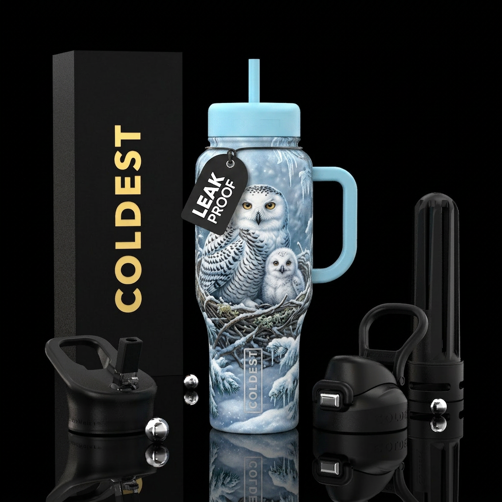 Snowy owl baby and mom on nest in winter water bottle design