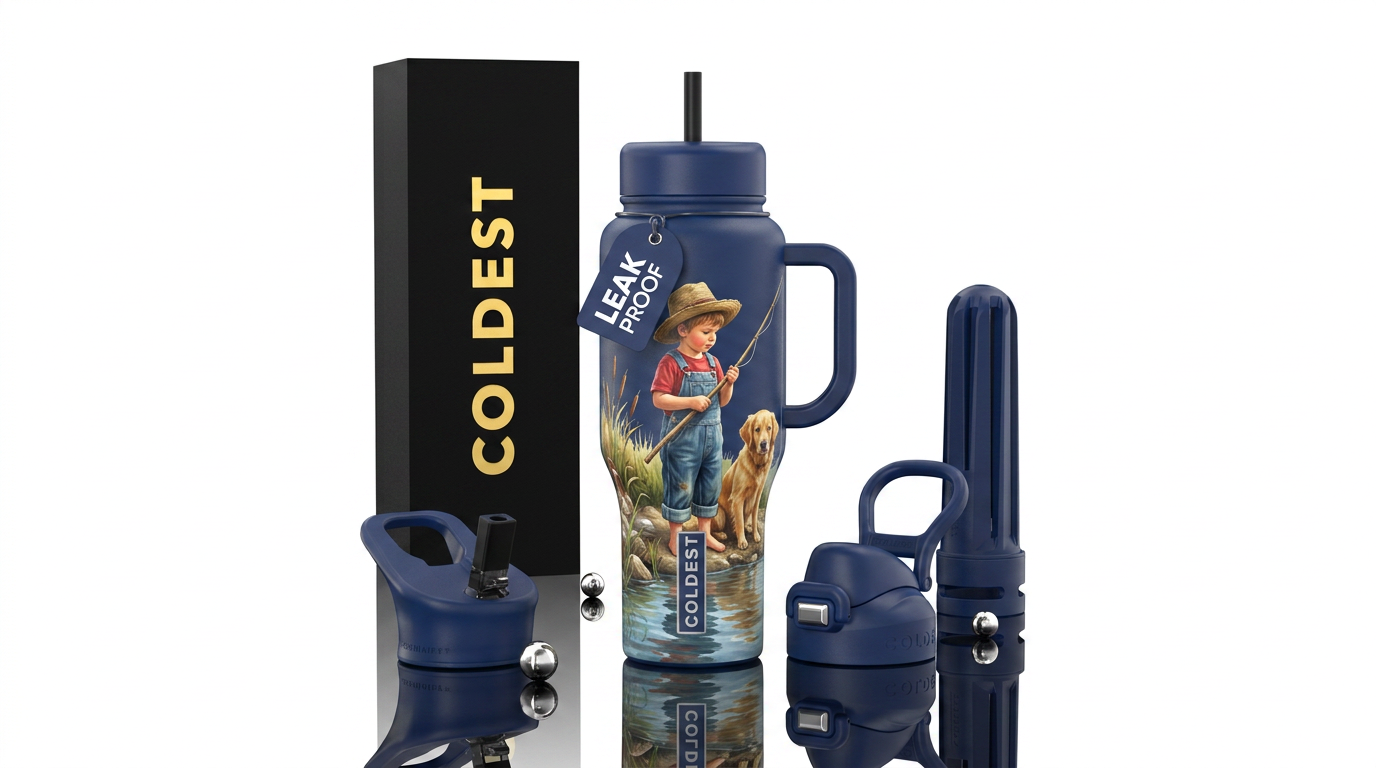 Little boy fishing with cane pole on a creek bank ... water bottle design