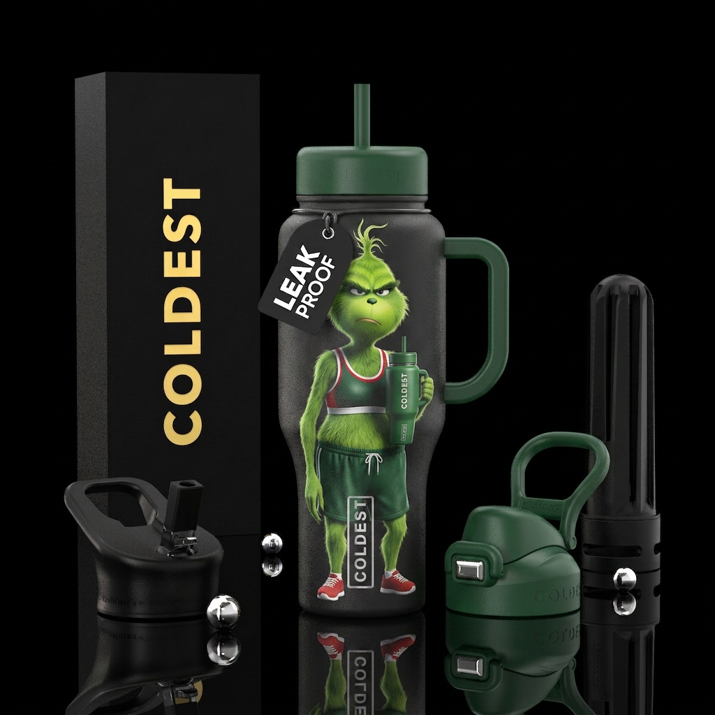 A disgruntled Female grinch dressed in jogging sho... water bottle design
