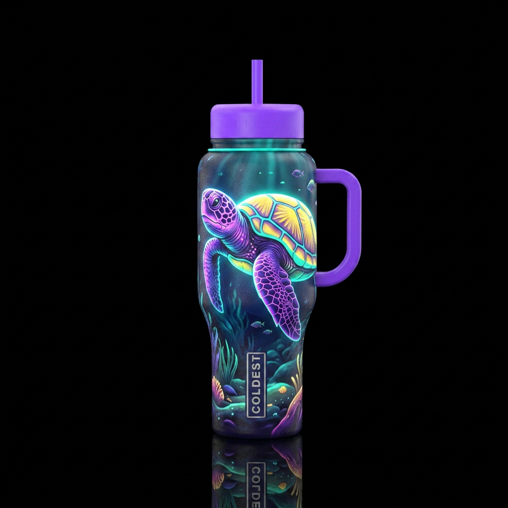 Glowing floresent sparkle turtle with violet head ... water bottle design