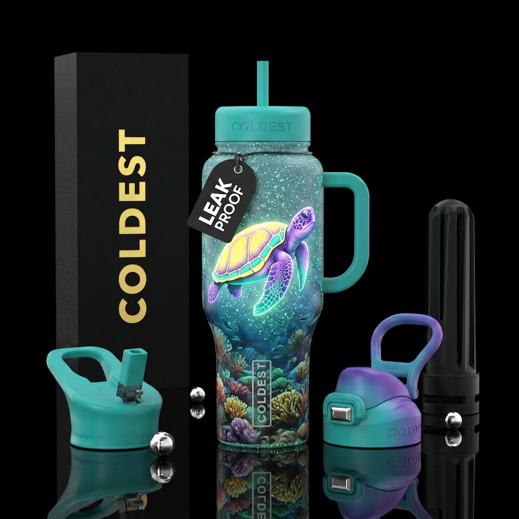 Glowing floresent sparkle turtle with violet head ... water bottle design
