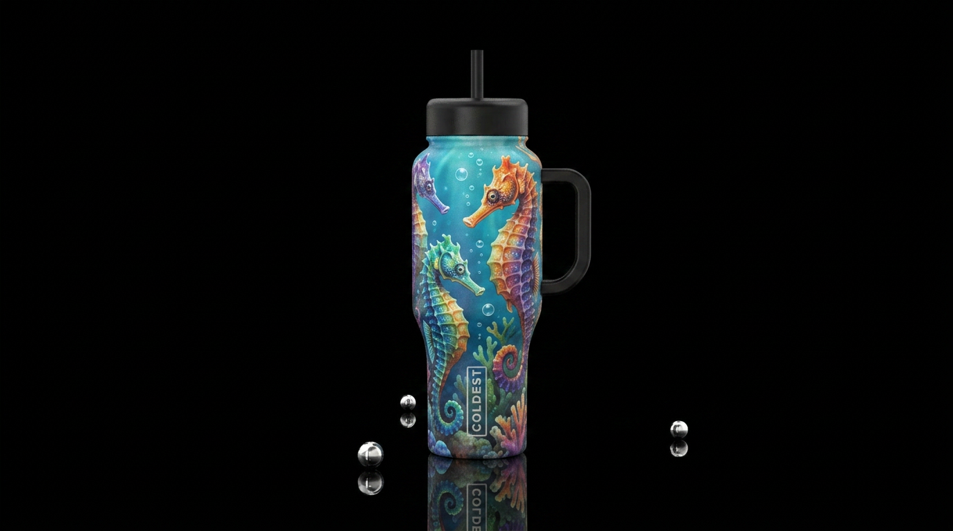 Realistic colorful seahorses water bottle design