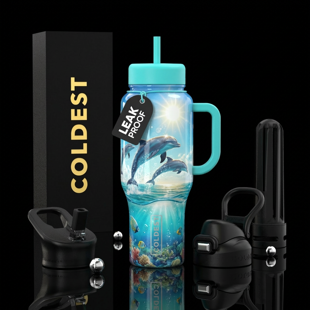 beautiful dolphins jumping out of the water on a g... water bottle design