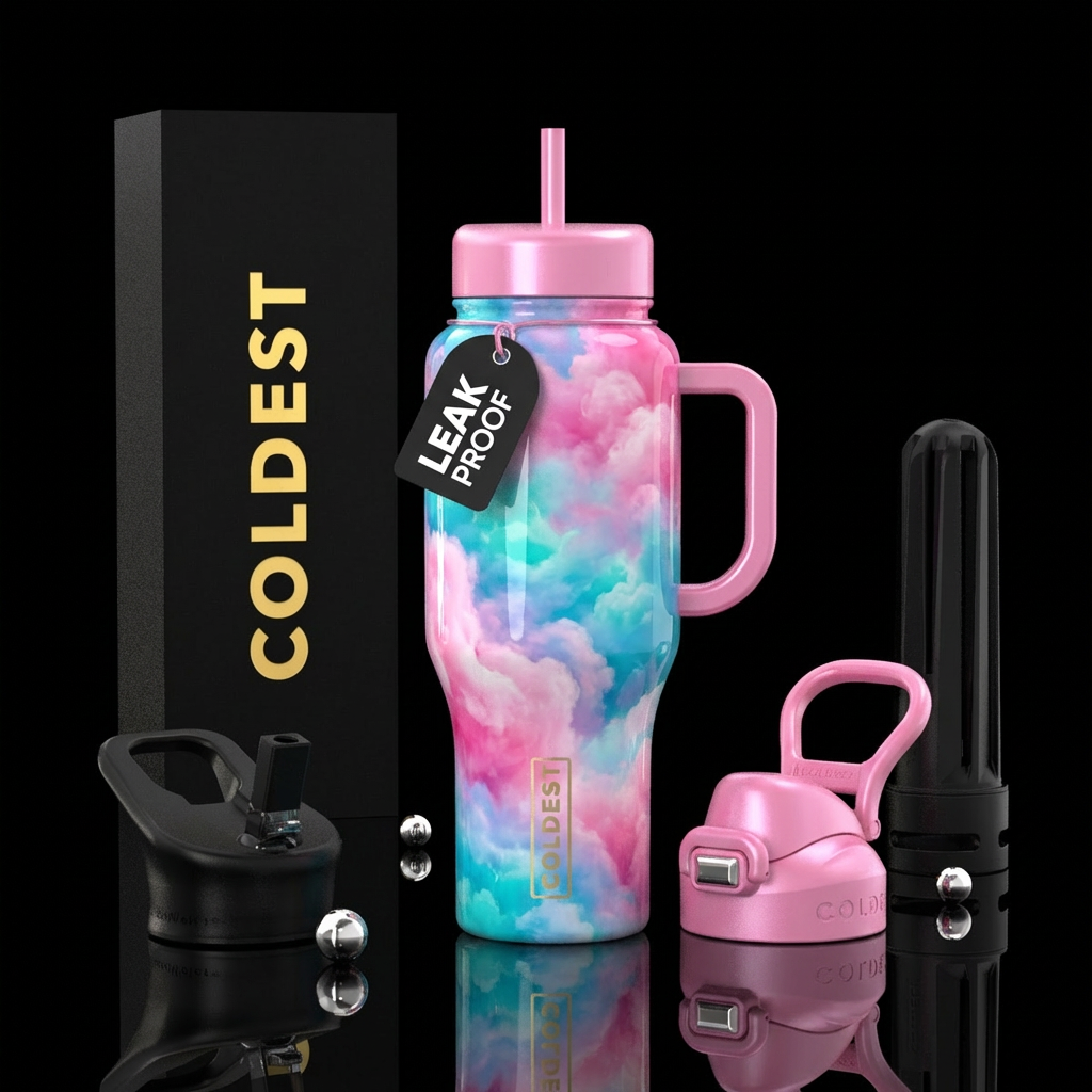 Cotton candy clouds, realism, shiny water bottle design