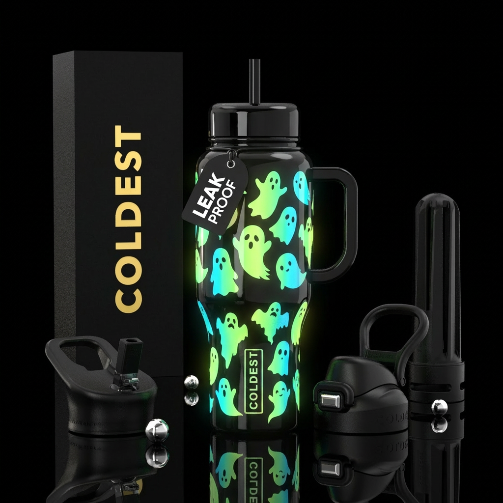 glow in the dark ghosts on a black background, shi... water bottle design