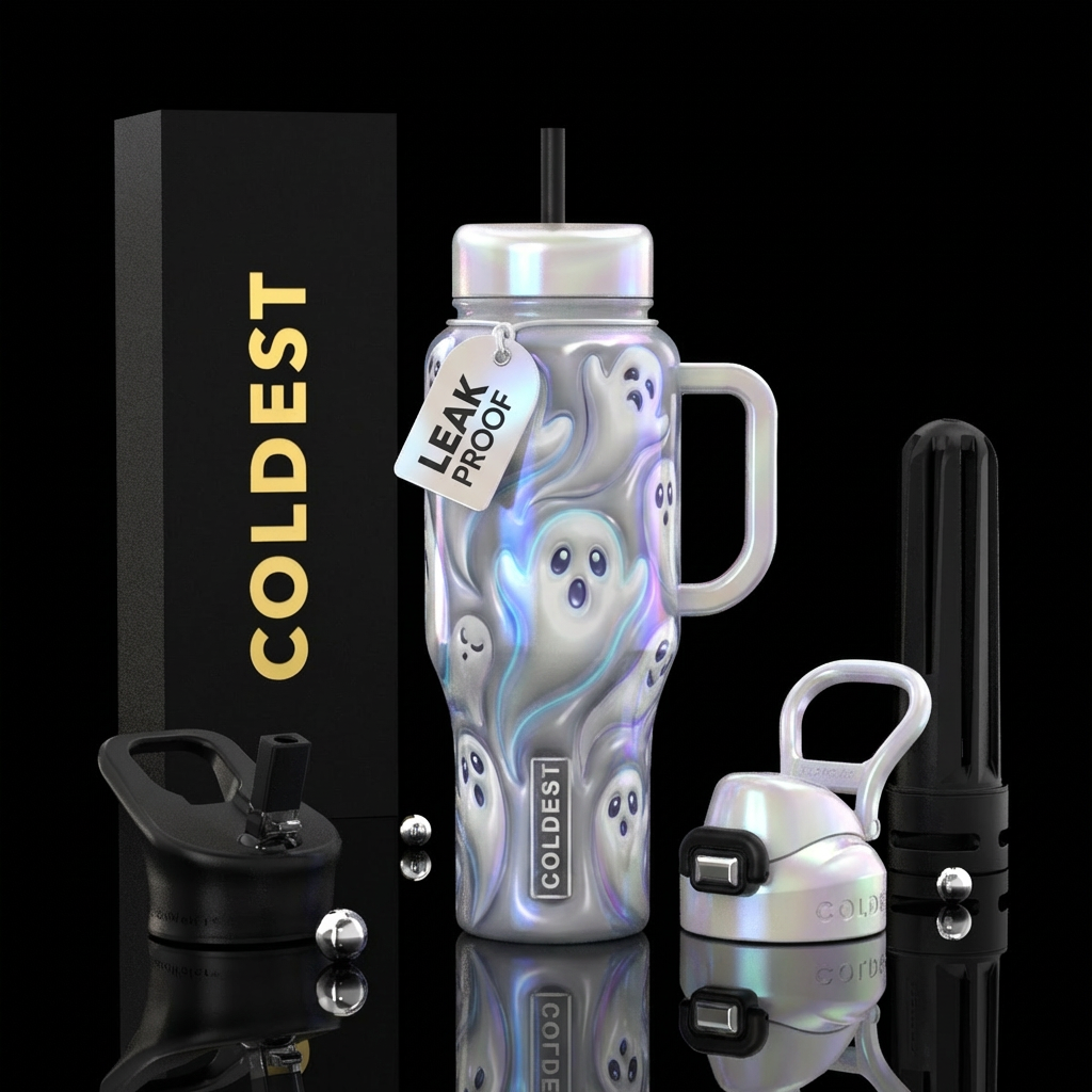 turn cup into a ghost, shiny, realism water bottle design