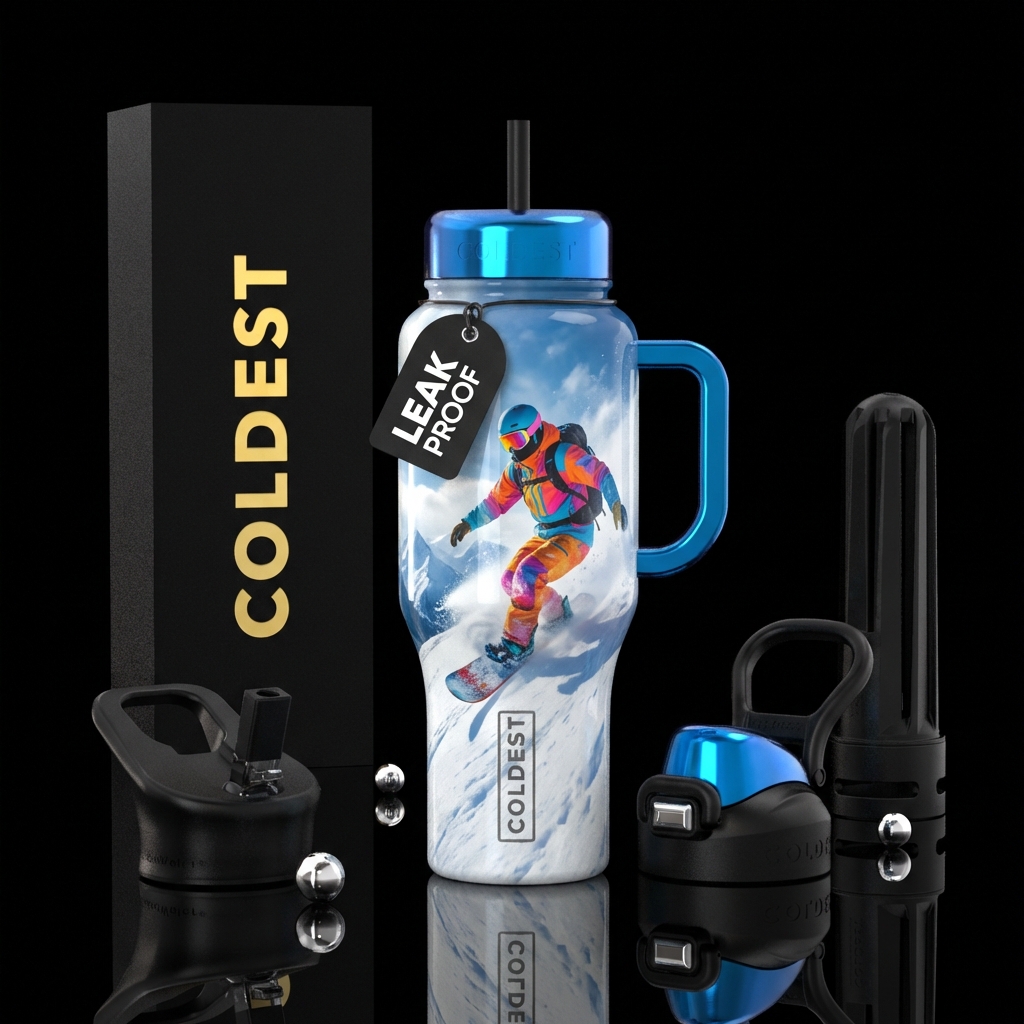 snowboarder on a snowy day going down a steep hill... water bottle design