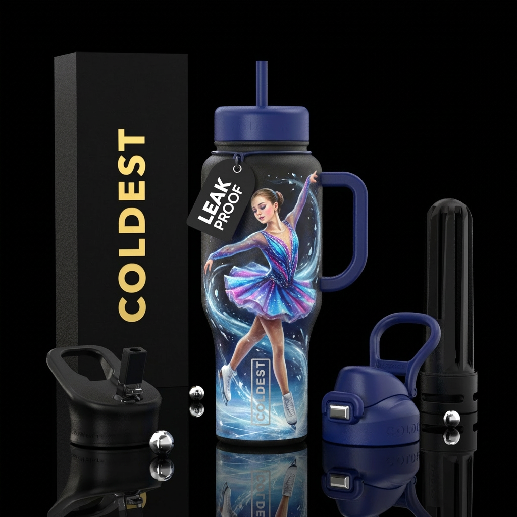 Figure skating girl twirling, realism water bottle design
