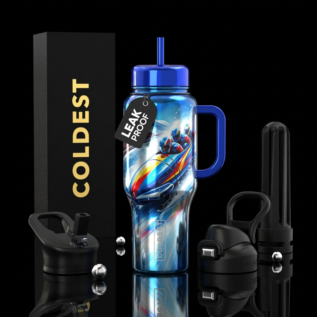 bob sledding, shiny, realism water bottle design