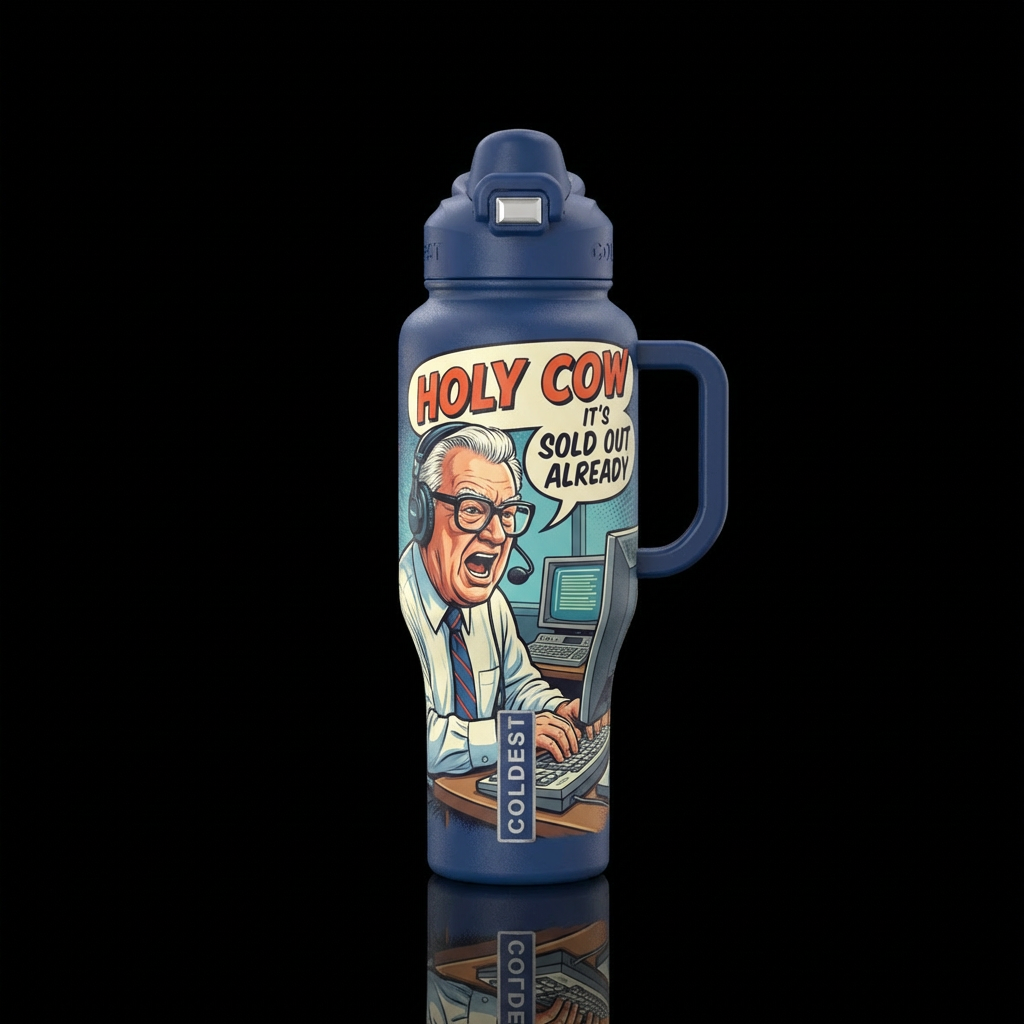 Harry Caray sitting at a computer saying HOLY COW ... water bottle design