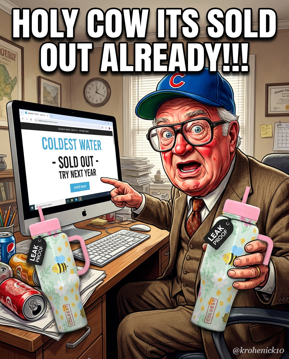 HARRY CARAY SITTING AT A COMPUTER water bottle design