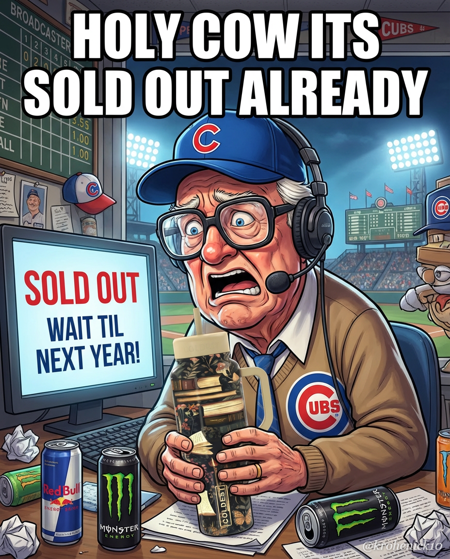 HARRY CARAY SITTING AT COMPUTER COMPUTER SAYS SOLD... water bottle design