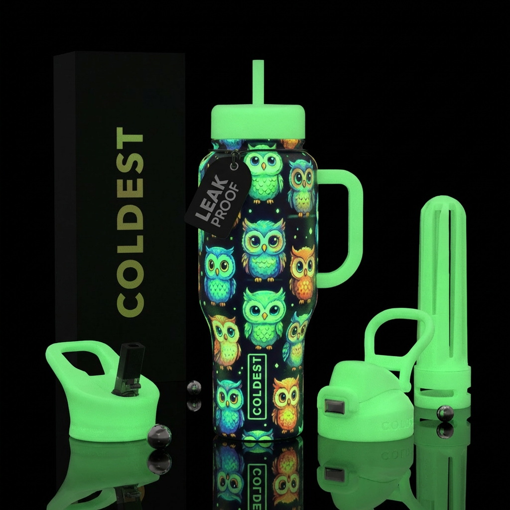 glow in the dark baby ows water bottle design