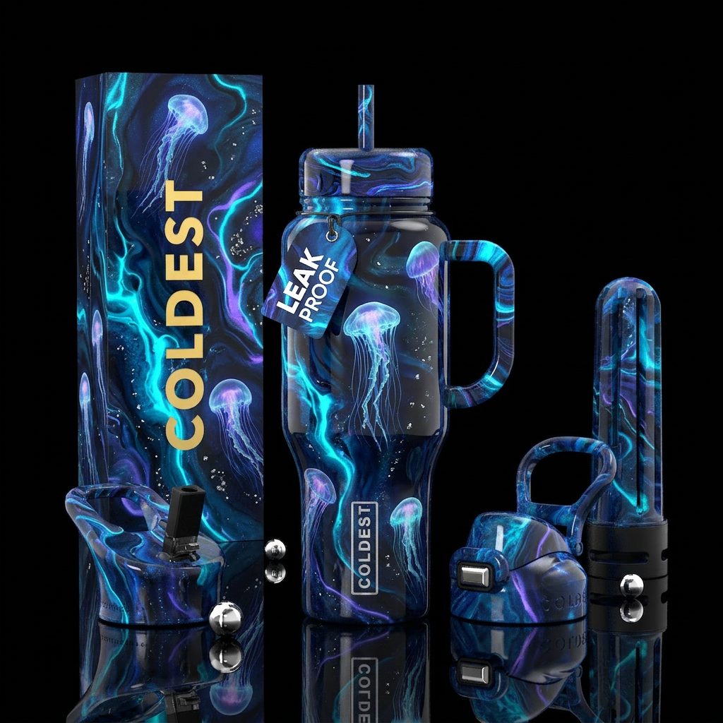 vertical fluid art composition featuring deep midn... water bottle design