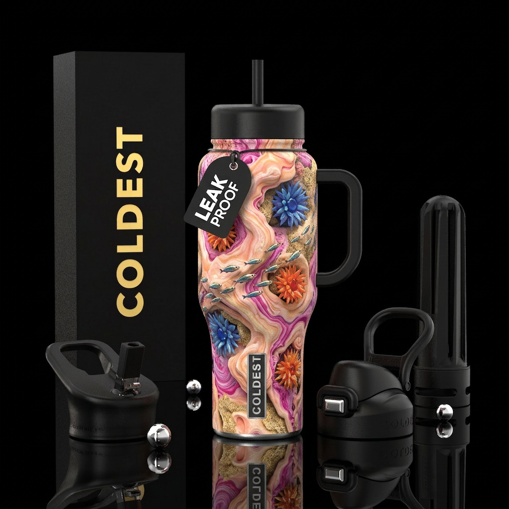 lush, macro view of a coral reef with heavy 3D-eff... water bottle design