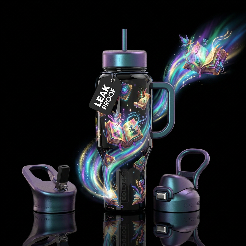 books floating in air, stories coming to life, glo... water bottle design