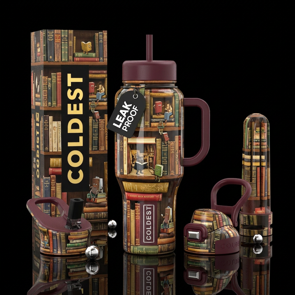 Dusty bookstore, cozy,masterfully done trompe-l'œi... water bottle design
