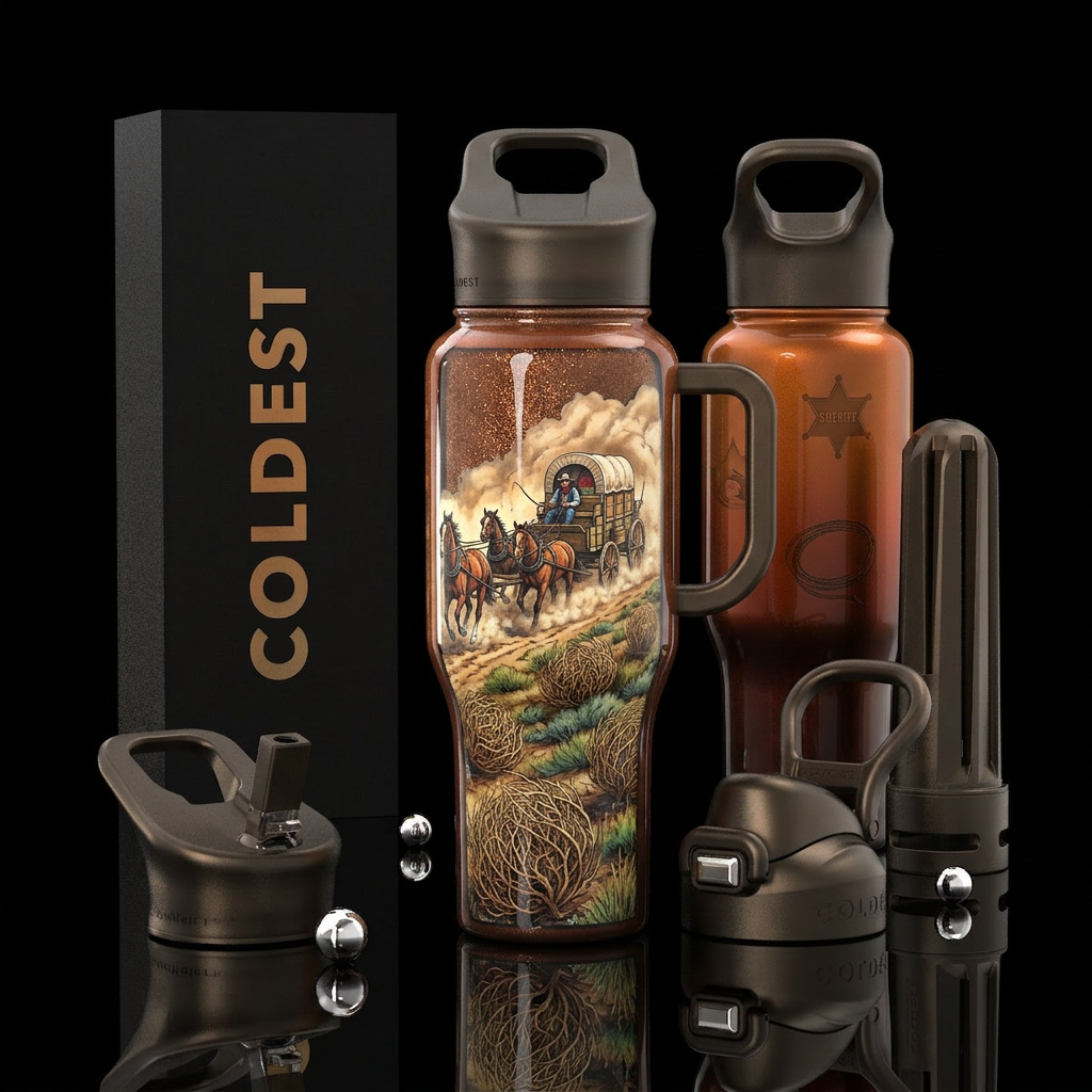 One side features a complex, highly detailed illus... water bottle design