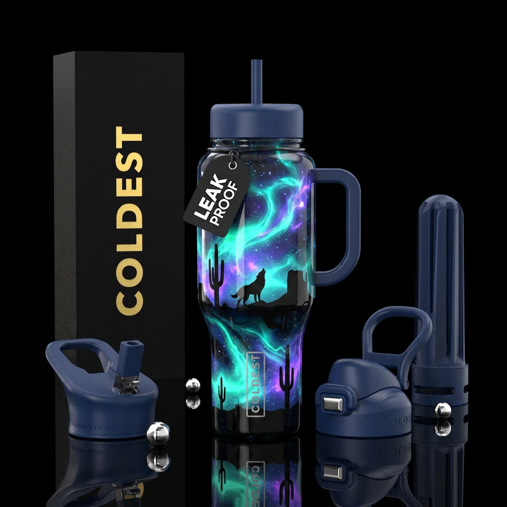surreal Western theme. The background is a rich de... water bottle design
