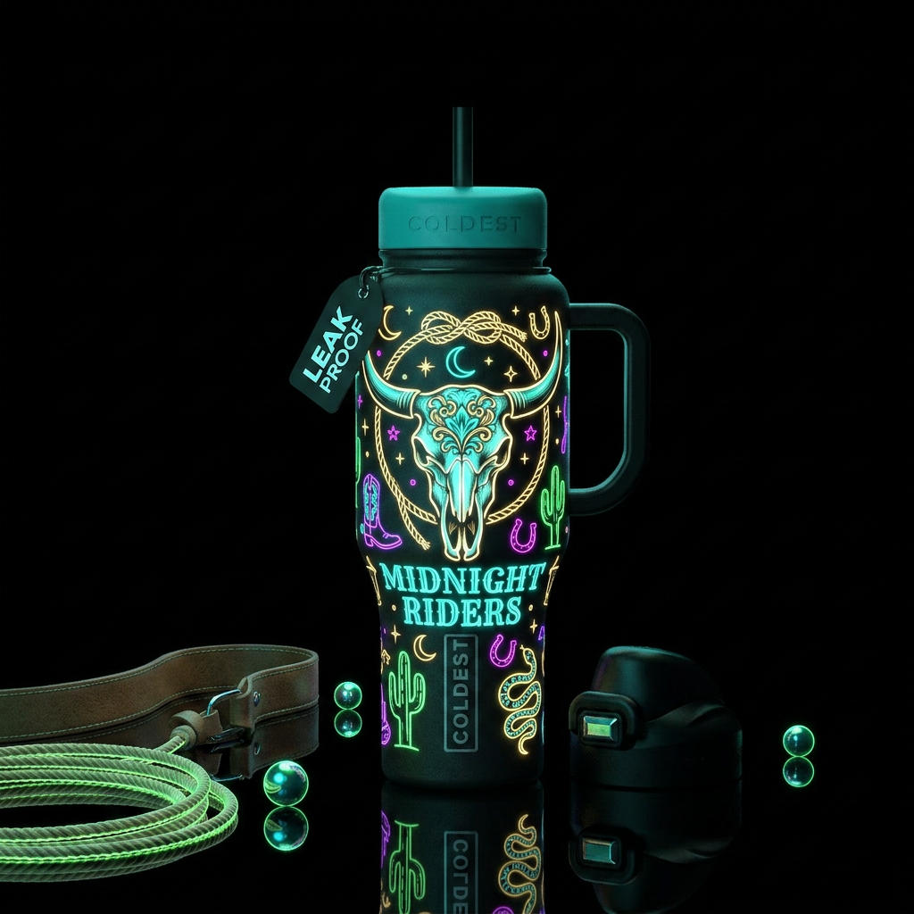incredibly detailed, multi-colored neon and biolum... water bottle design
