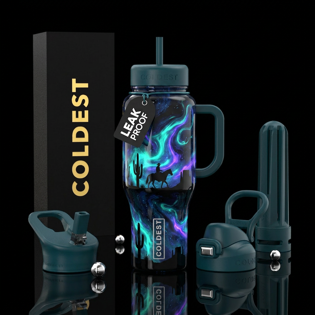 surreal Western theme. The background is a rich de... water bottle design
