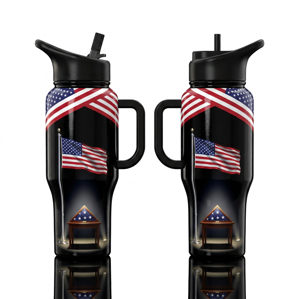High gloos black bottle.  Show the American flag o... water bottle design
