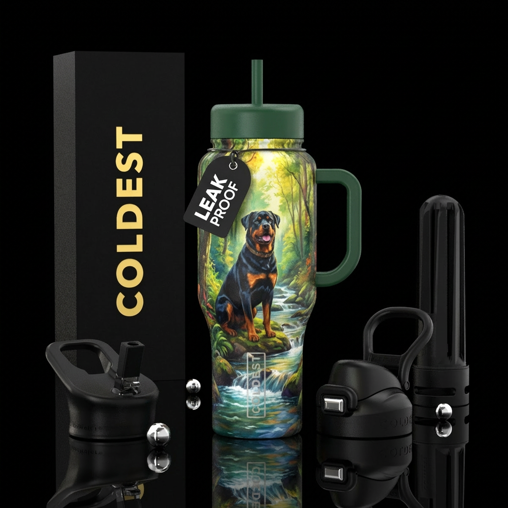 Rottweiler in the woods with a stream water bottle design