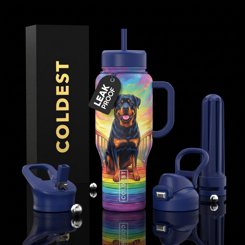Rottweiler with rainbow bridge water bottle design