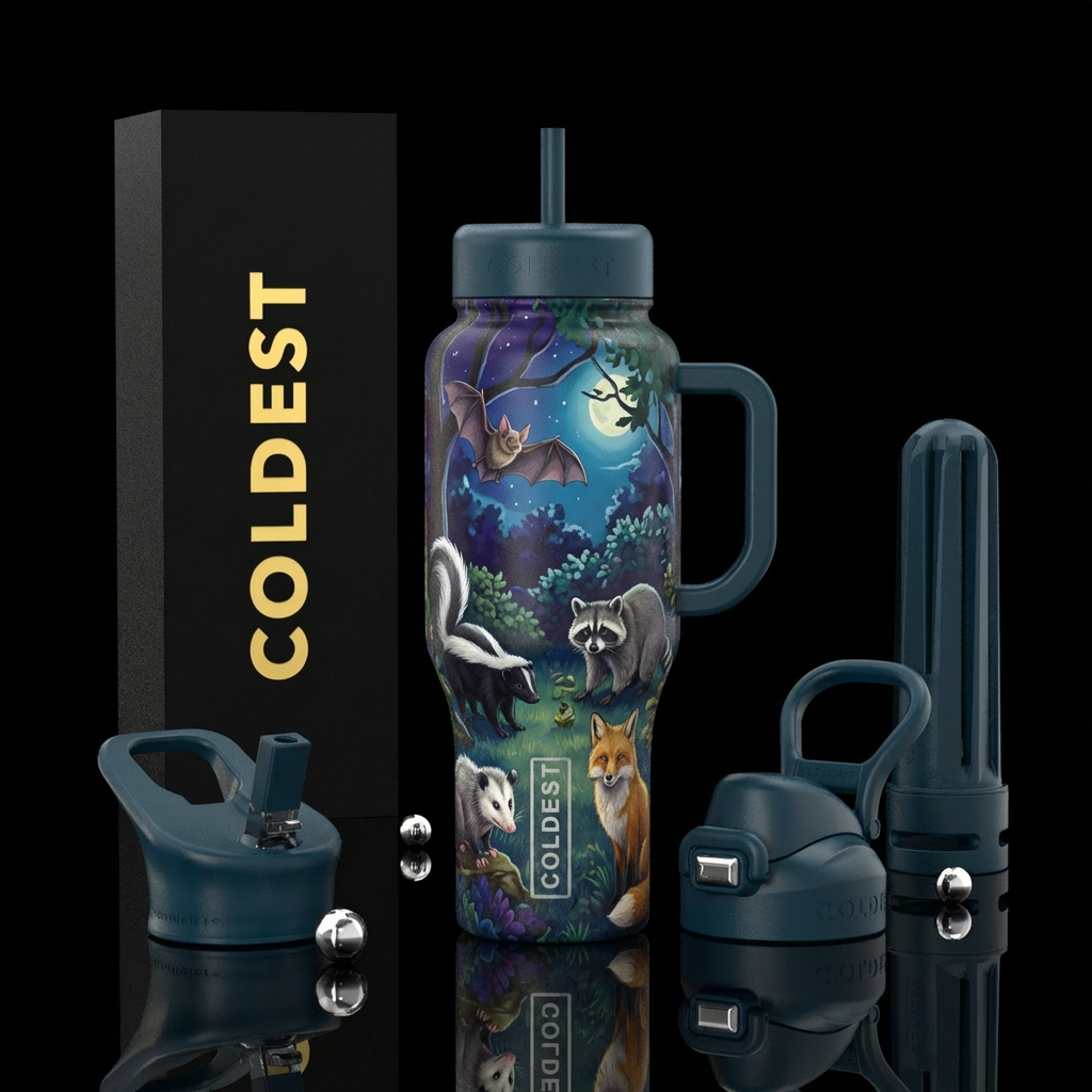 Bat Skunk raccoon opossum and fox in a back yard a... water bottle design