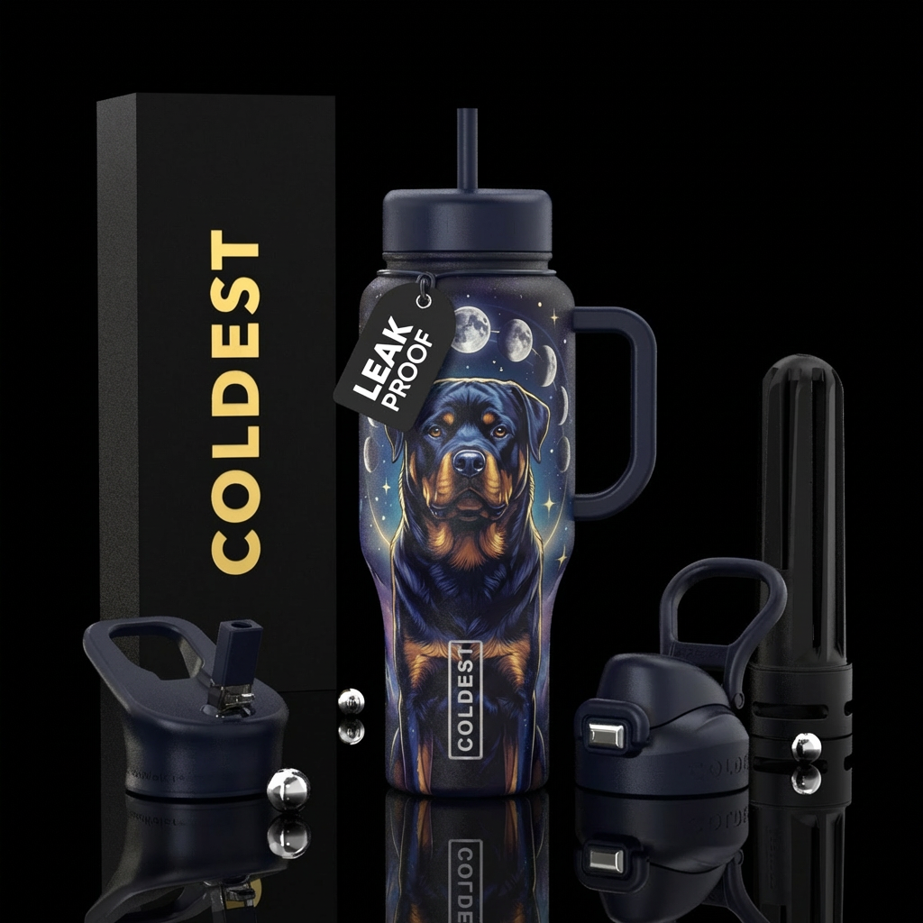 A rottweiler at night with the phases of the moons... water bottle design