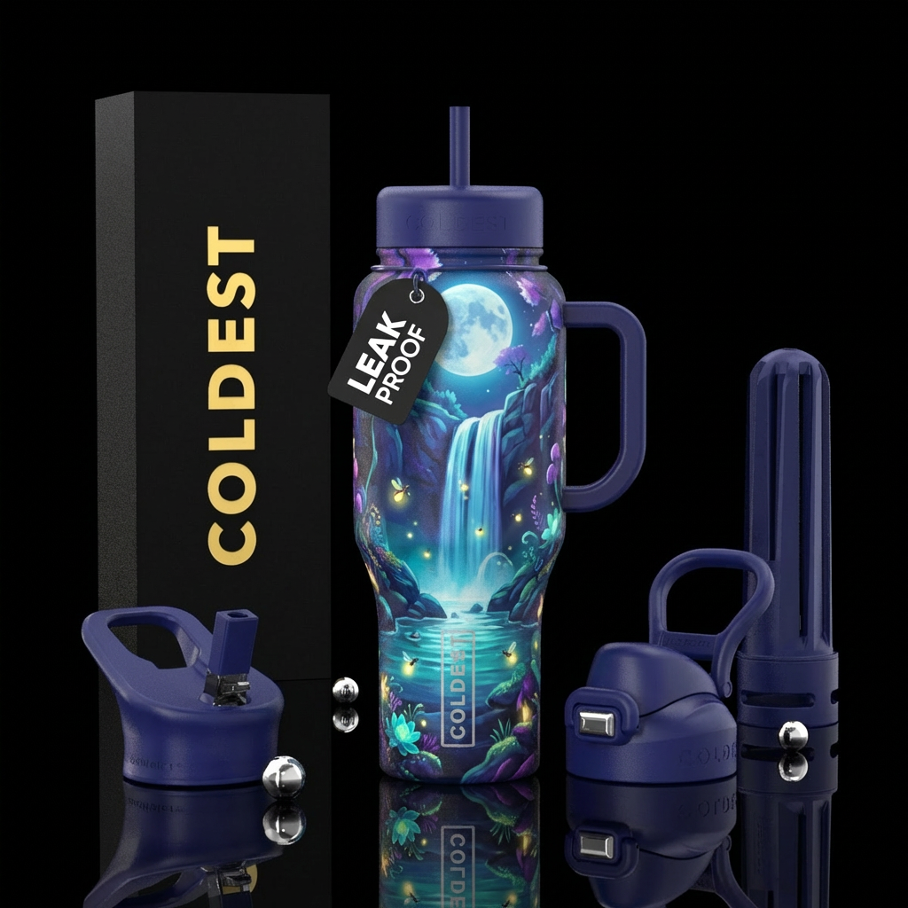 Moon lit waterfall with fireflies water bottle design