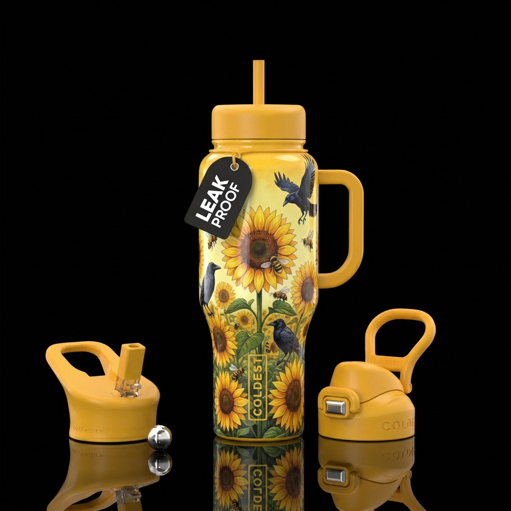 Field of sunflowers with bees and crows water bottle design