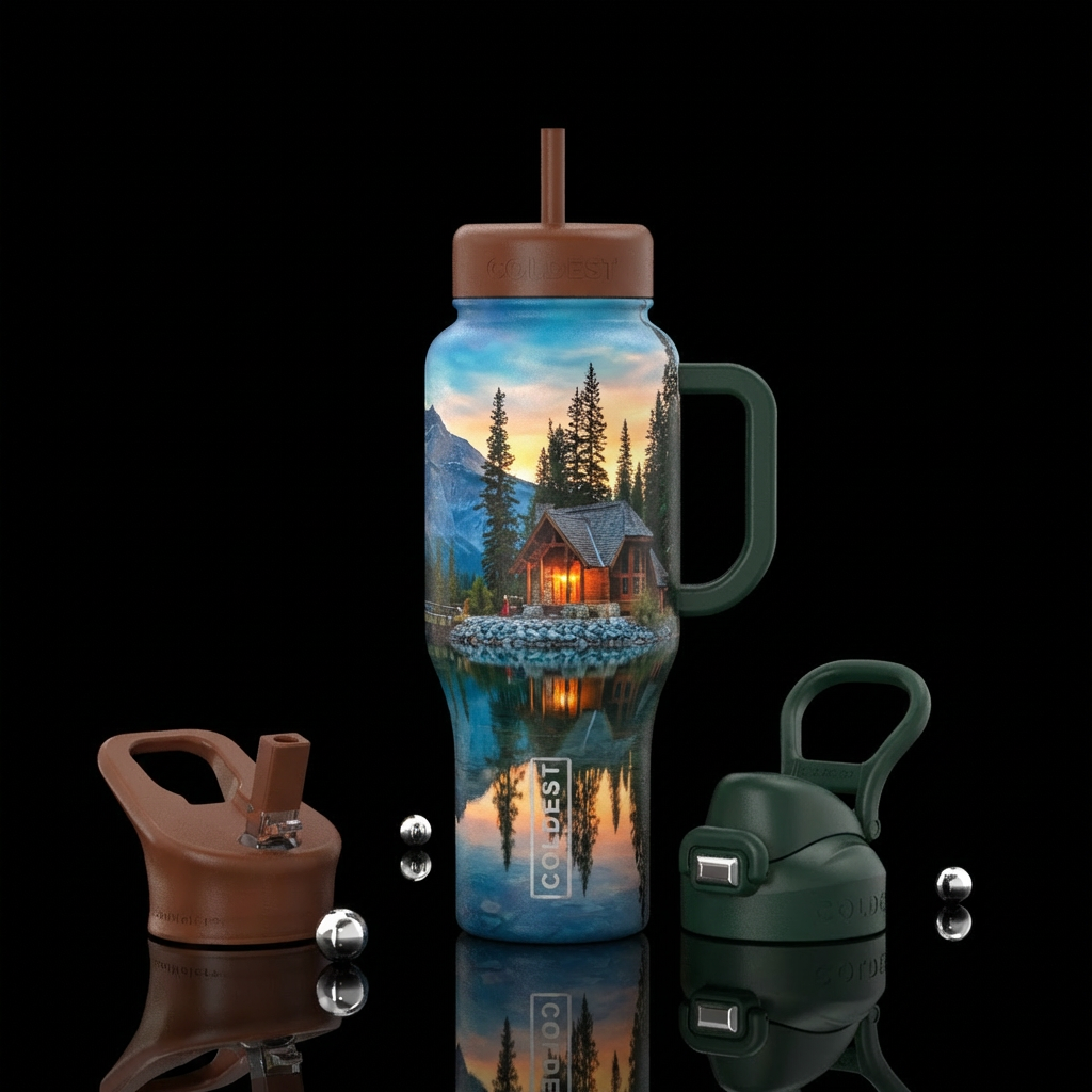 Cabin in the mountains by a lake water bottle design