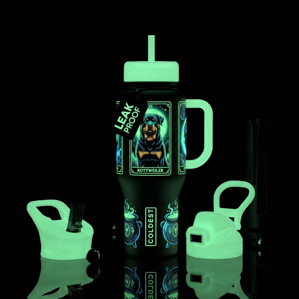 Tarot cards a rottweiler and a boiling cauldron gl... water bottle design