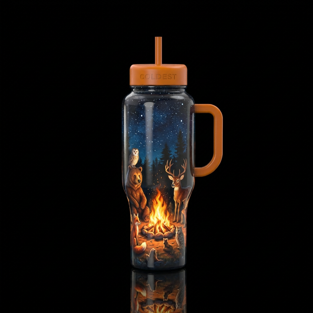 Campfire under the stars in the woods with woodlan... water bottle design