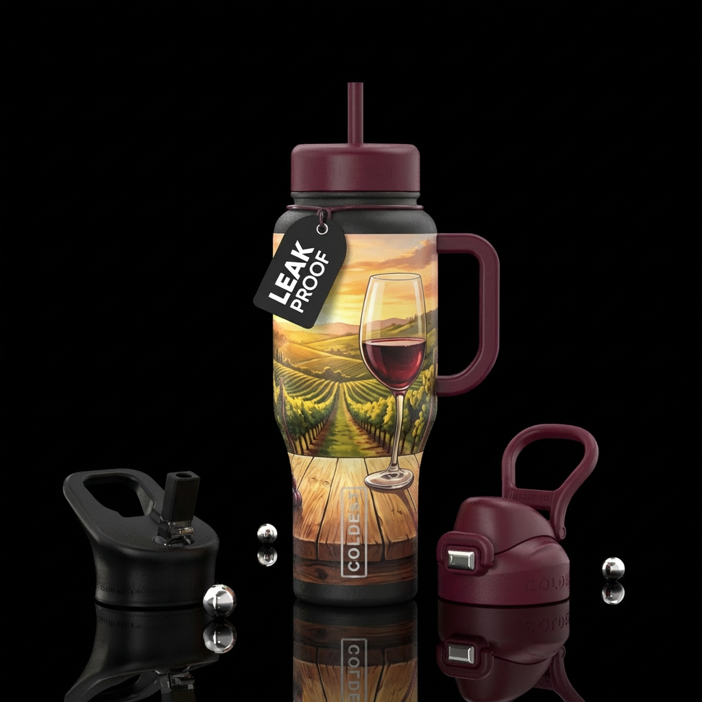 A wine glass in a table overlooking a vineyard water bottle design