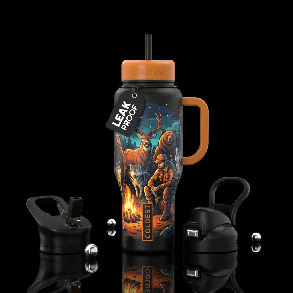 Wildlife standing behind a hunter at a campfire water bottle design