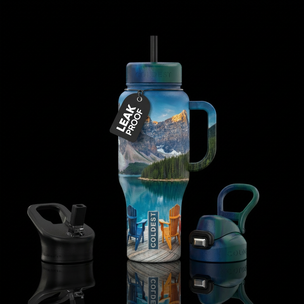 Chairs by the lake surrounded by by mountains and ... water bottle design