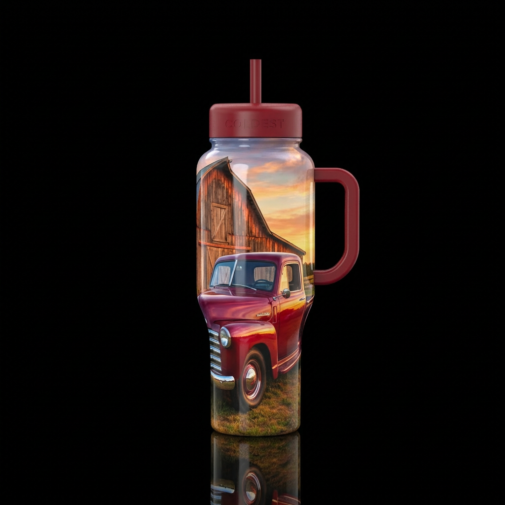Vintage car by a barn water bottle design