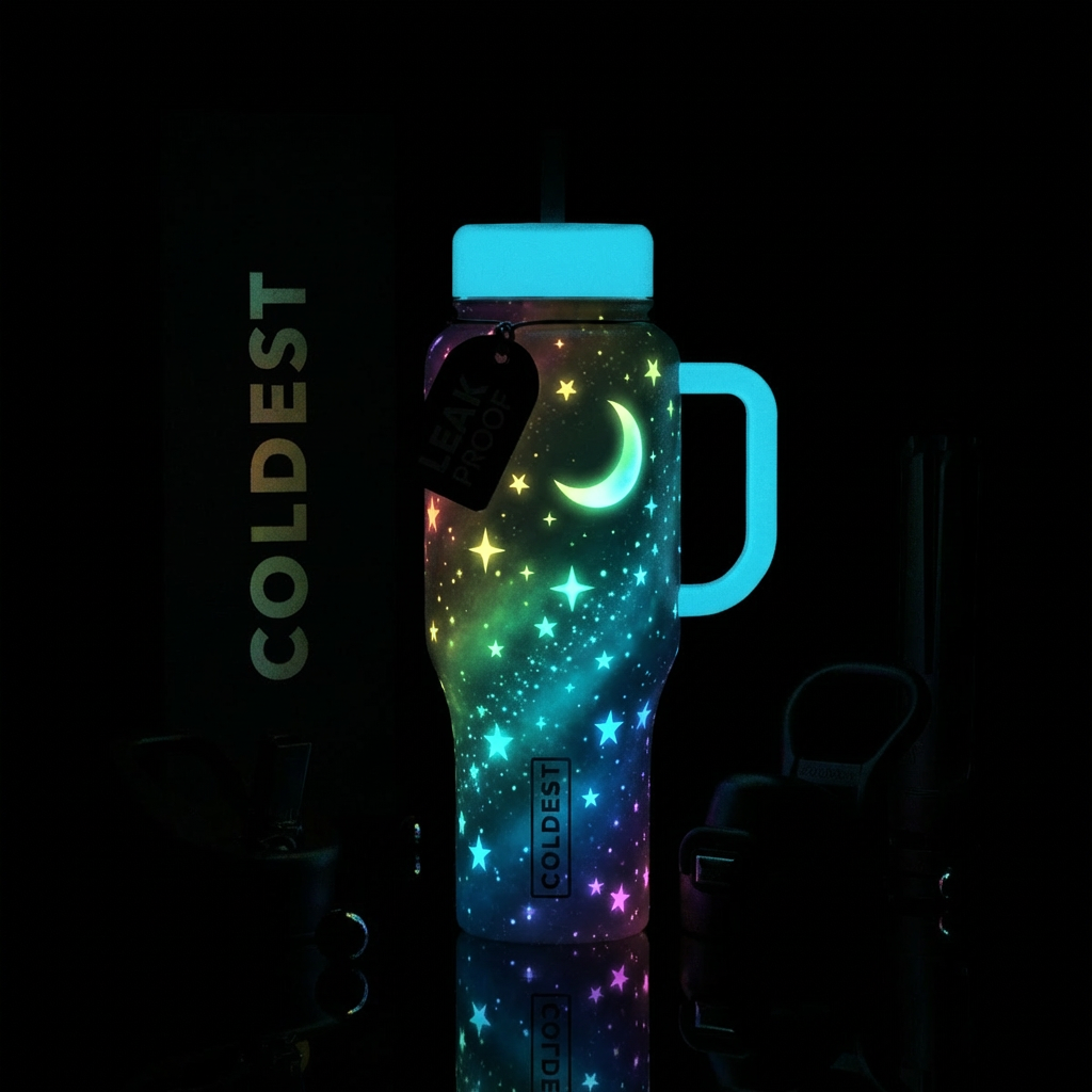 Rainbow stars in space with the moon glow in the d... water bottle design