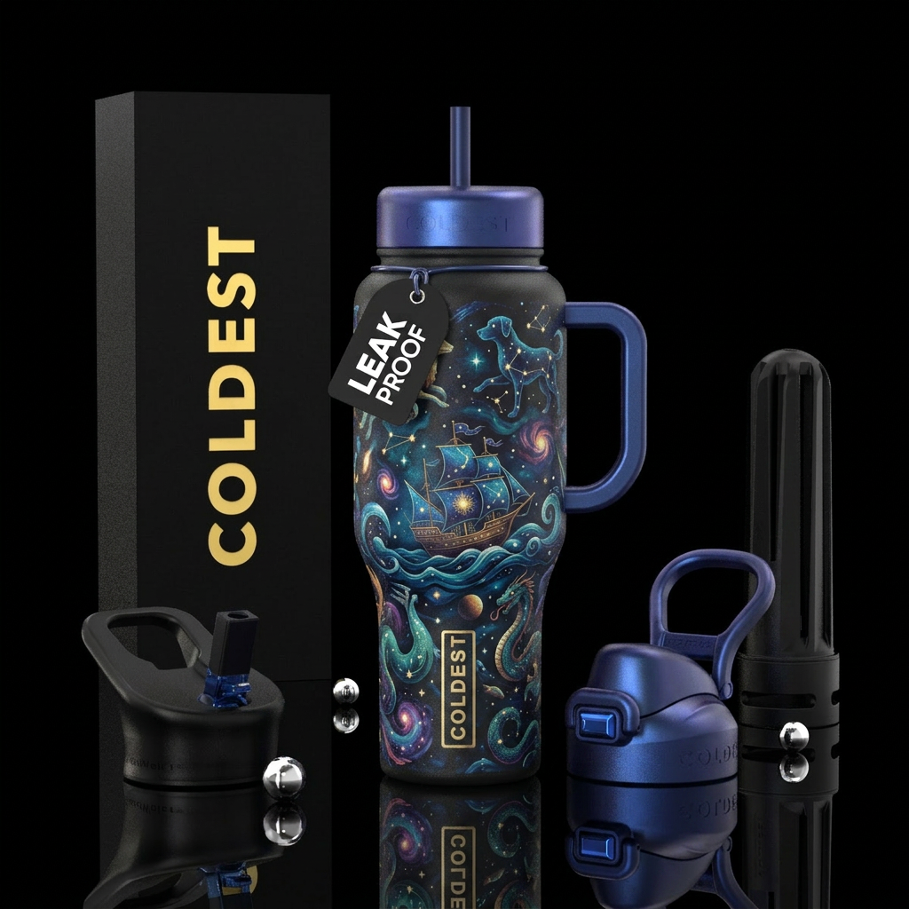 dog, mythical, ocean, celestial water bottle design
