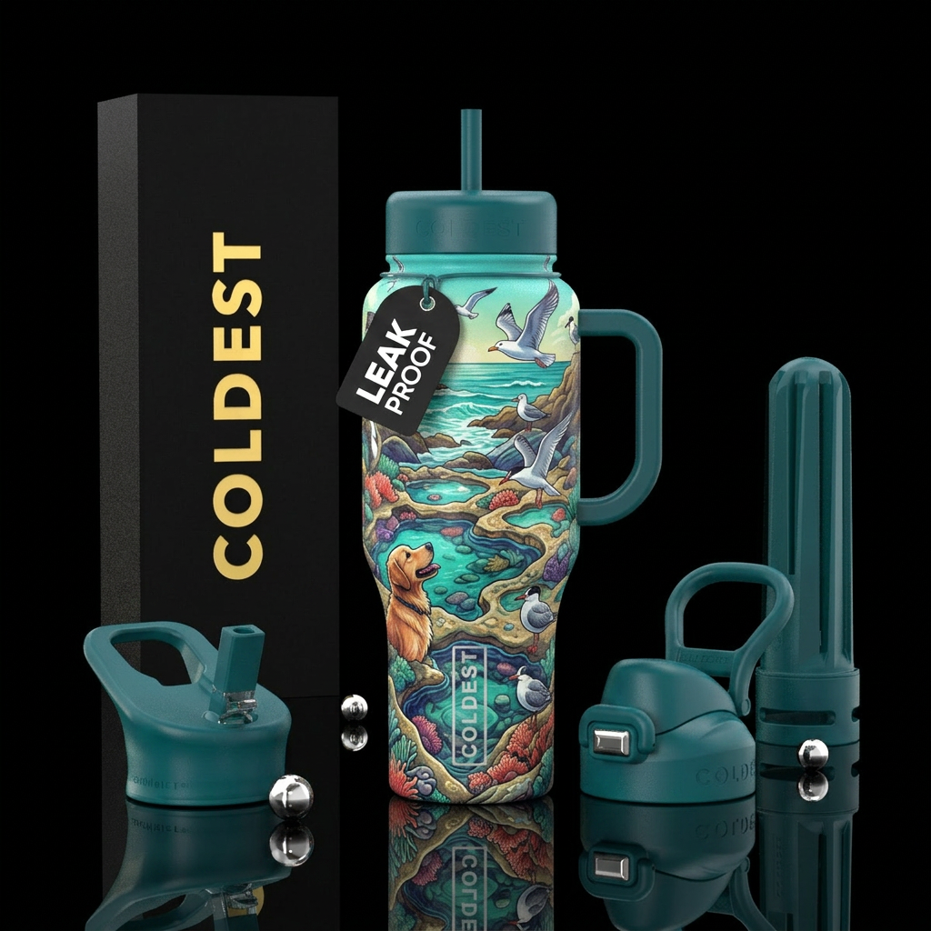 tide pools, dog, birds water bottle design