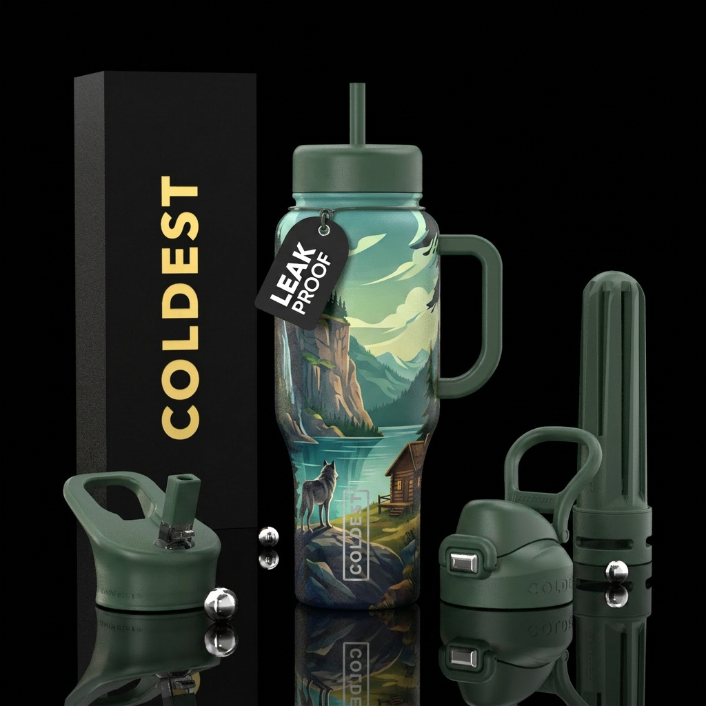 Mountain cliff wolf lake and cabin water bottle design