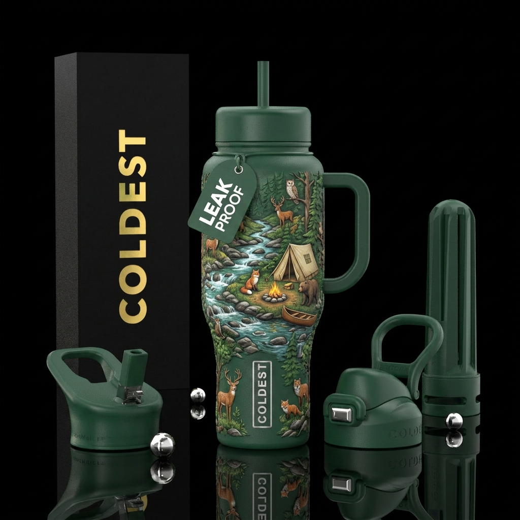 Forest stream woodland animals campsite water bottle design