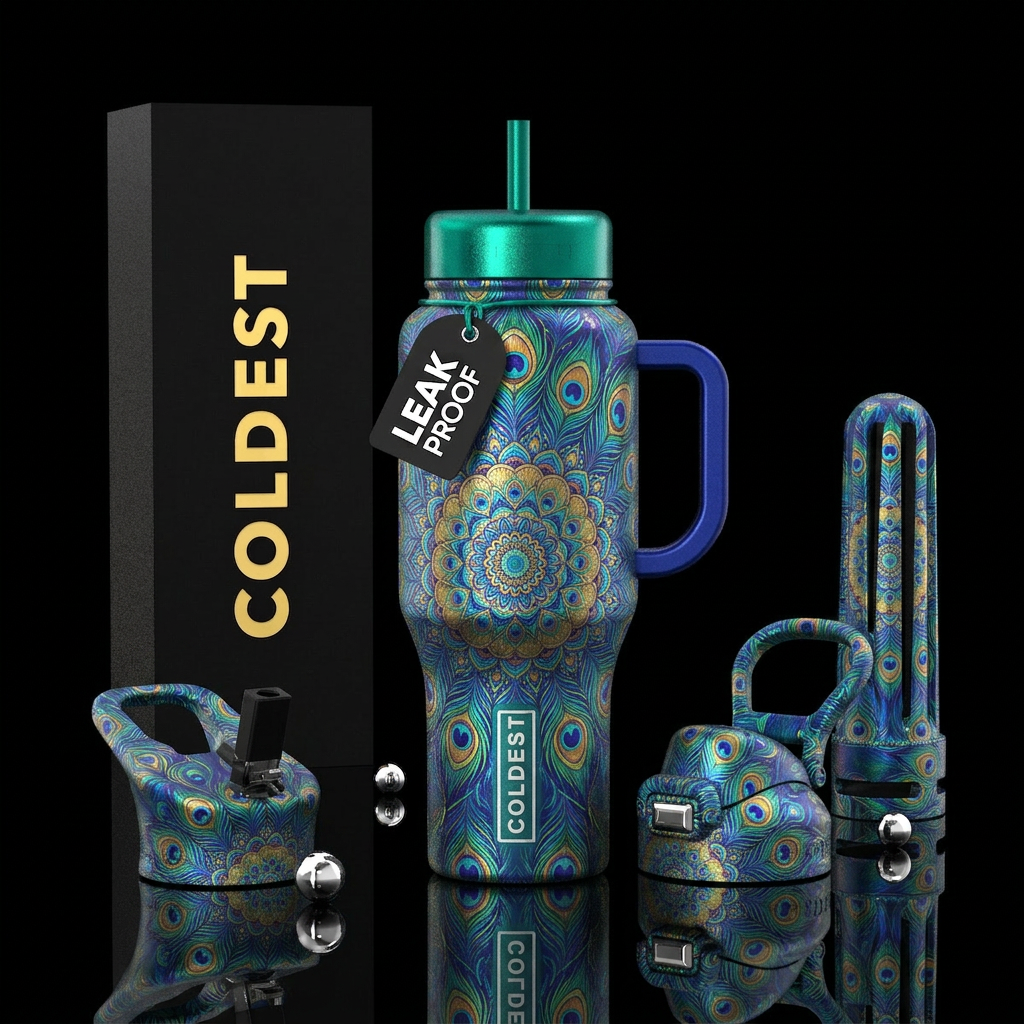 Drawn peacock feathers, iridescent, mandala water bottle design