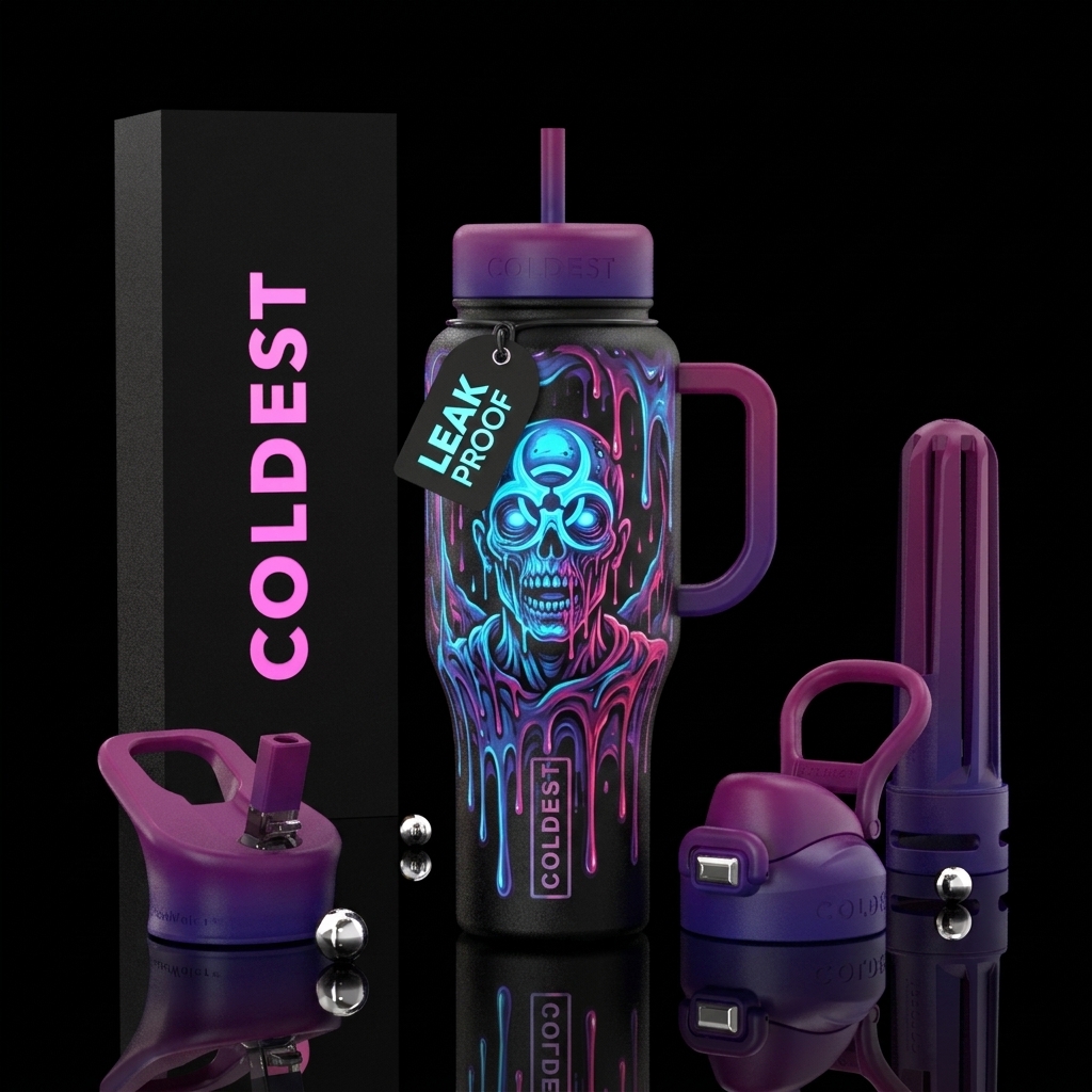 Biohazard zombie in neon blue with ooze and drip i... water bottle design