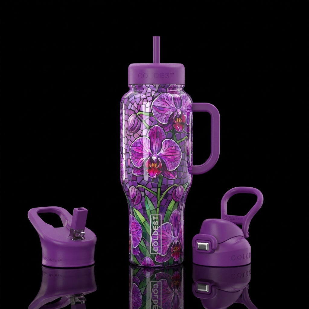 purple orchid mosaic water bottle design