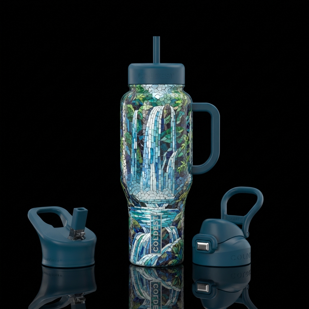 majestic waterfall mosaic water bottle design