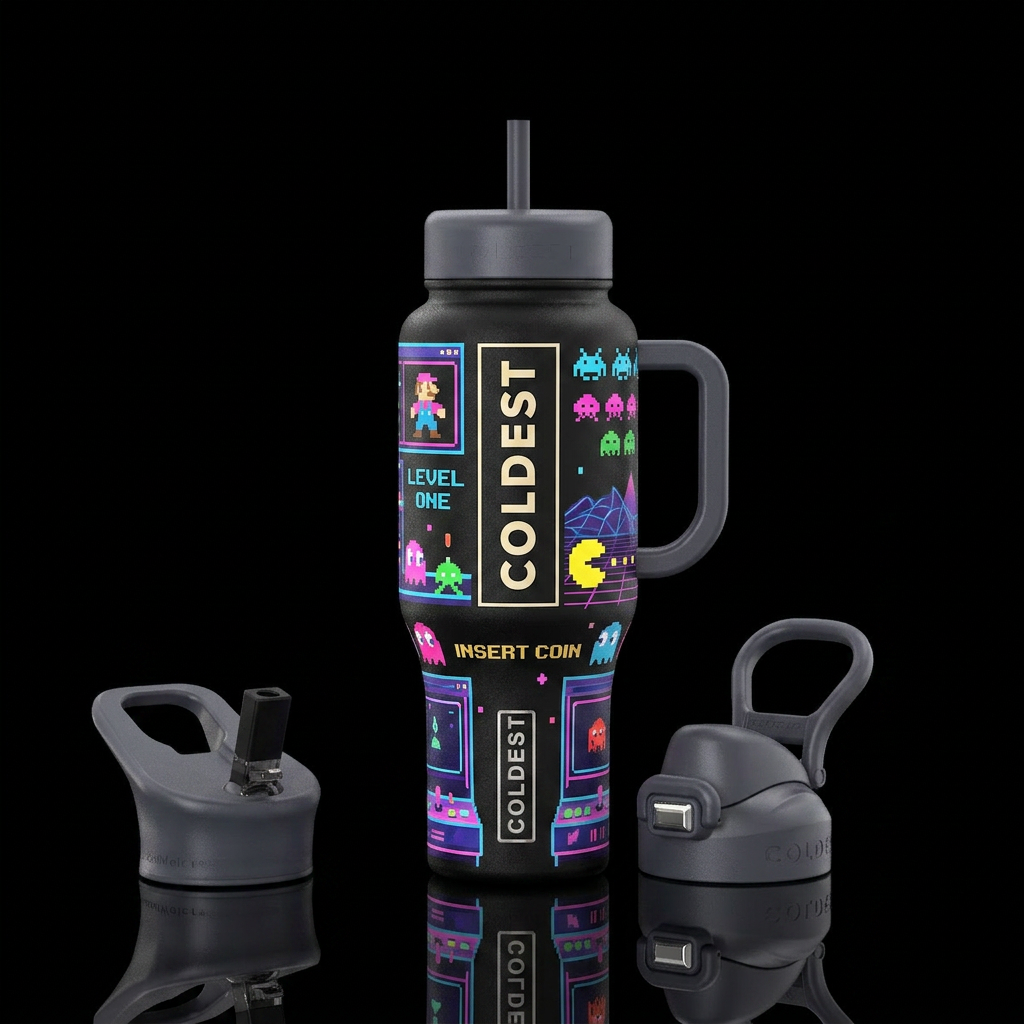 80s arcade water bottle design