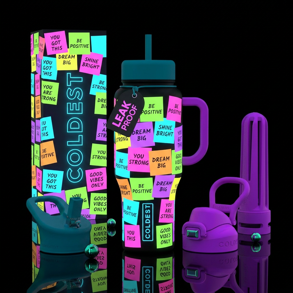neon post it notes water bottle design